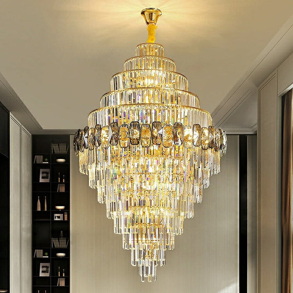 Tall Tiered Crystal Cascade Chandelier with Gold Frame
