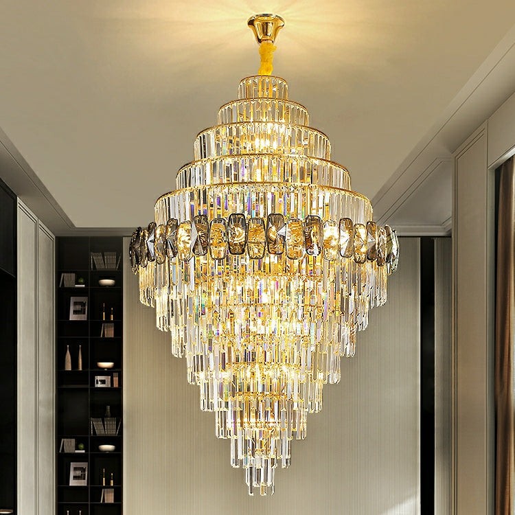 Tall Tiered Crystal Cascade Chandelier with Gold Frame