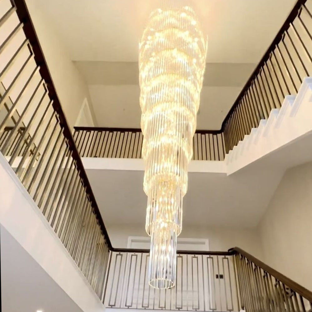 Tall Tiered Faceted Crystal and Steel Chandelier