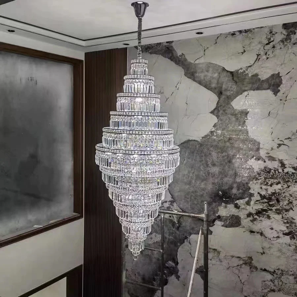 Tall Tiered Round Crystal Globe Chandelier