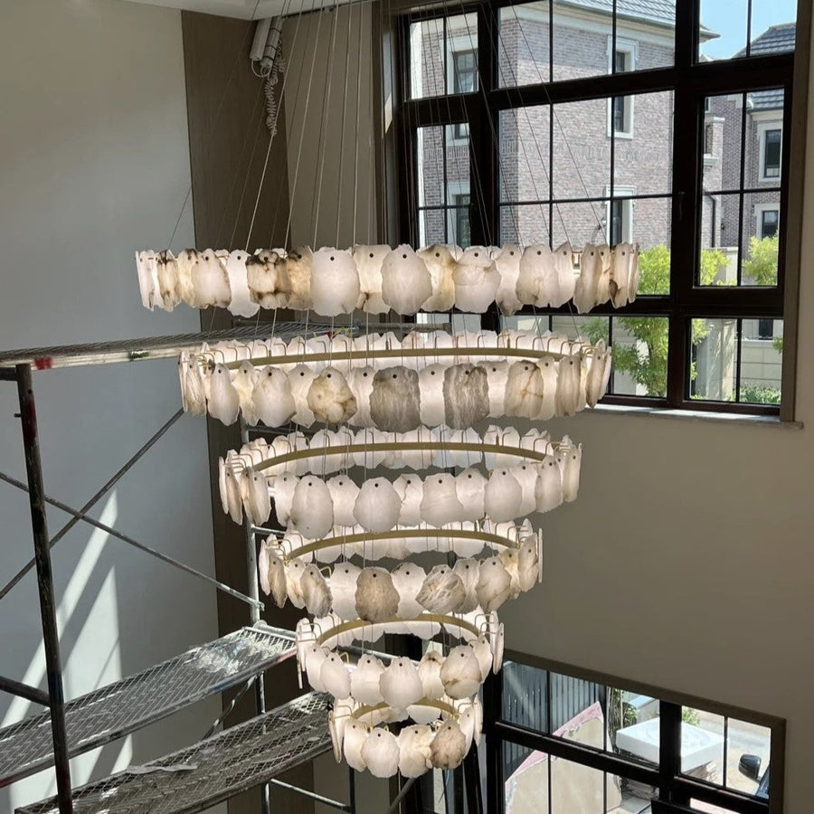 Tall Tiered White Alabaster and Metal Chandelier