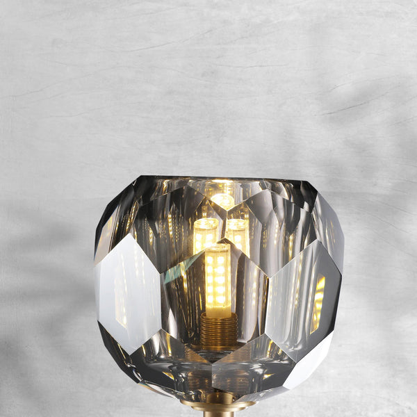 Tall Twin Faceted Crystal Sphere Brass Wall Sconce