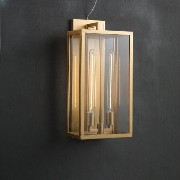 Tall Ventilated Brass Frame Glass Lantern Wall Sconce