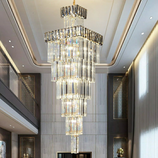 Tall Vertical Crystal Column Chandelier with Smoky Gray Brim