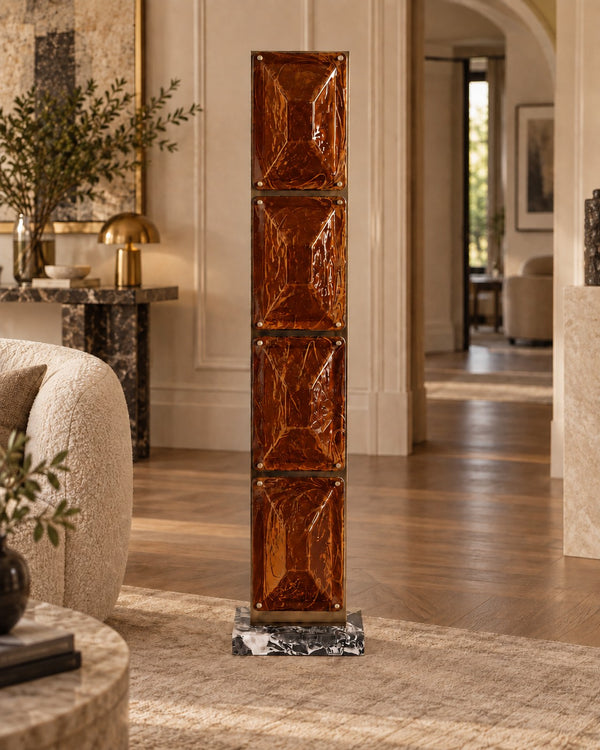 Tapered Amber Glass Column Floor Lamp with Brass Base