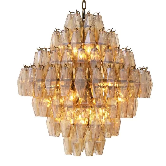 Tapered Antique Brass and Amber Glass Chandelier