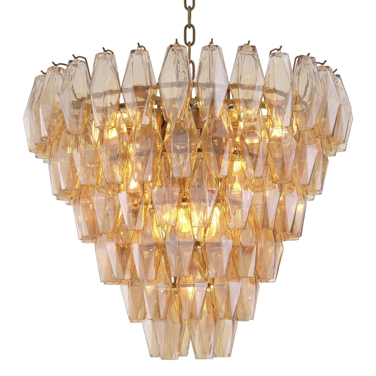 Tapered Antique Brass and Clear Glass Chandelier