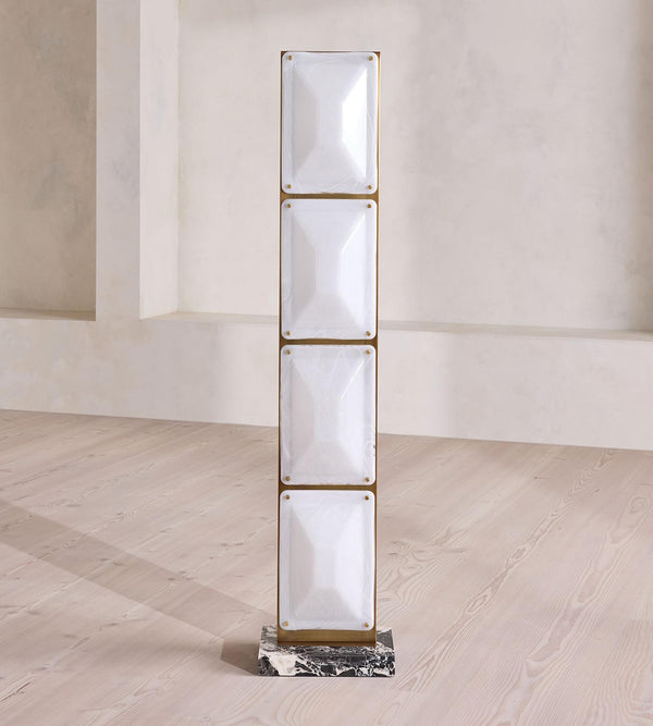 Tapered Clear Glass Column and Brass Floor Lamp