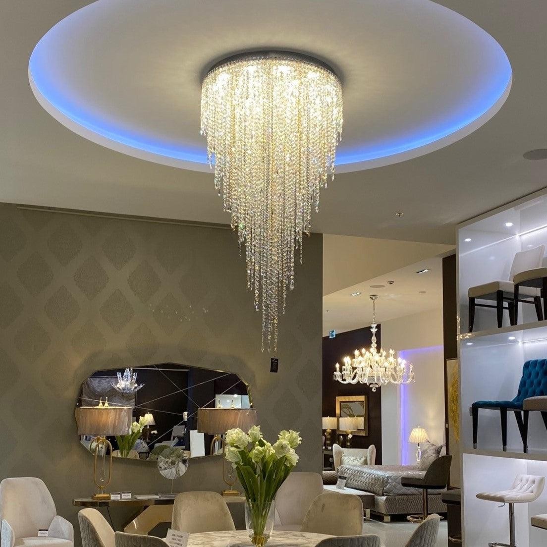 Tapered Crystal Strand Tassel Chandelier with Chrome Canopy