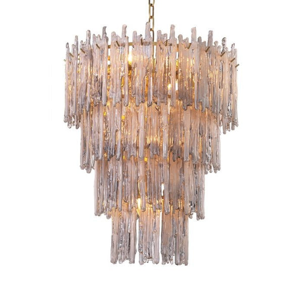 Tapered Smoke Glass Icicle and Brushed Brass Chandelier