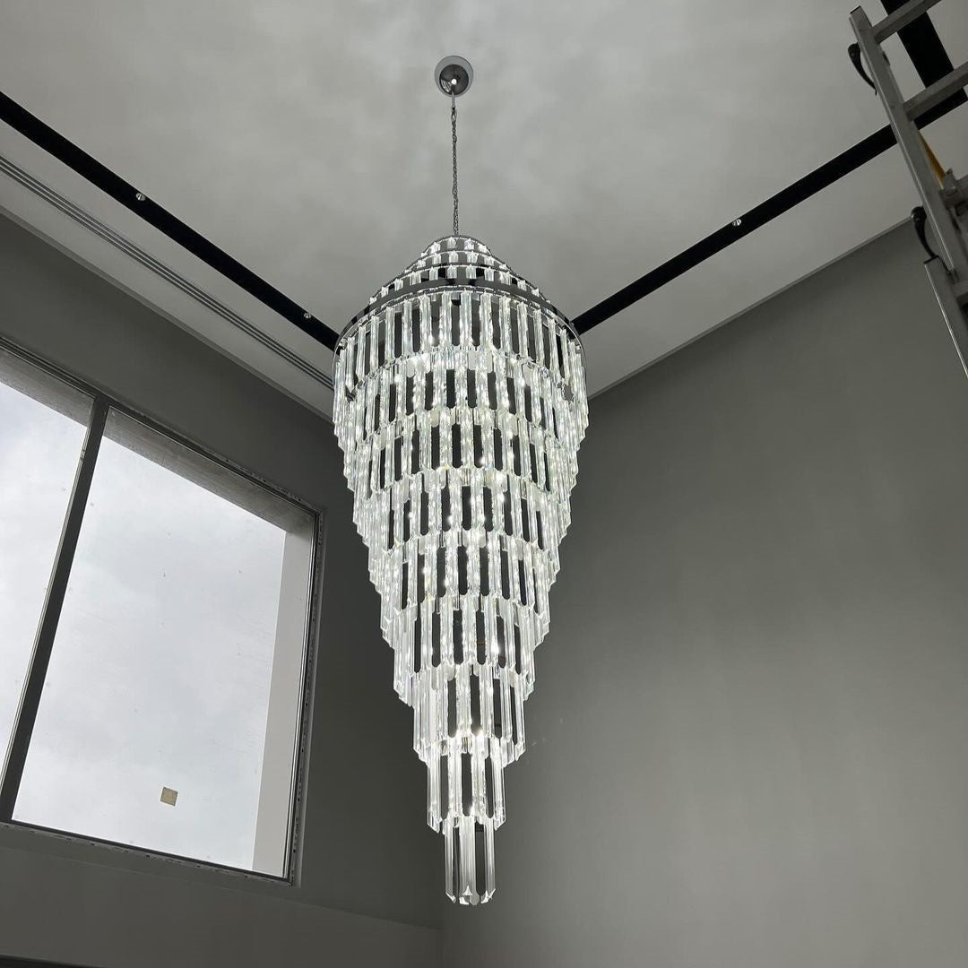 Tapered Tiered Crystal and Steel Pyramid Chandelier