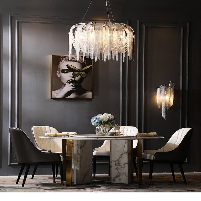 Tasseled Silver Chain Chandelier with Polished Steel Frame