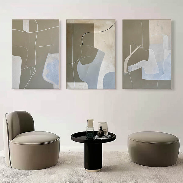 Taupe and Mist Blue Abstract Triptych