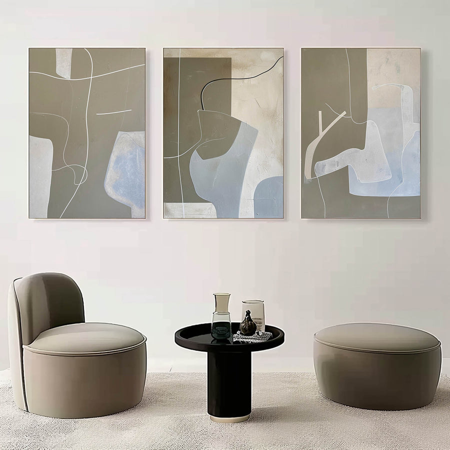 Taupe and Mist Blue Abstract Triptych