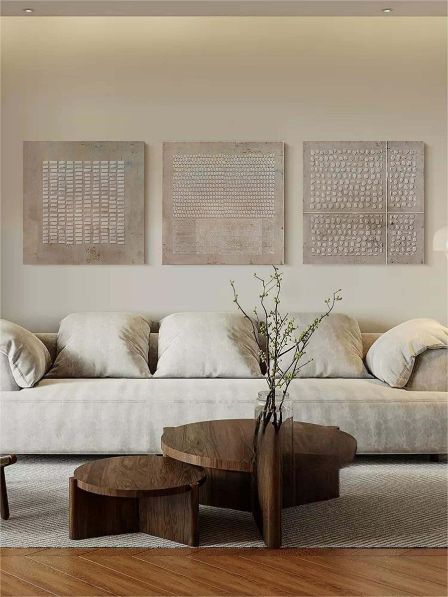 Taupe Grid Relief Triptych