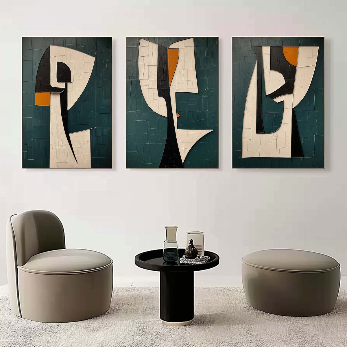 Teal Abstract Figures in Cream and Black