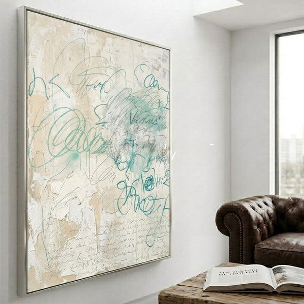 Teal Scribbles on Textured Cream