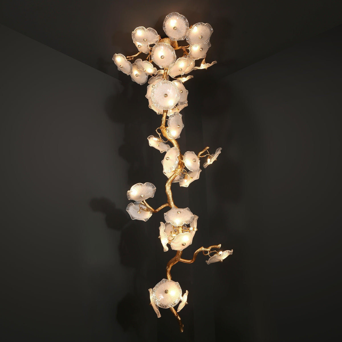 Textured Brass Branch Chandelier with Glass Flowers