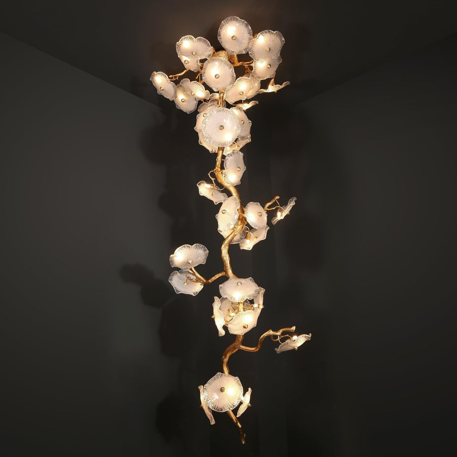 Textured Brass Branch Chandelier with Glass Flowers