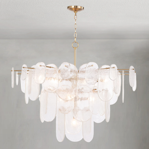 Textured Water Glass Pane and Brass Cluster Chandelier