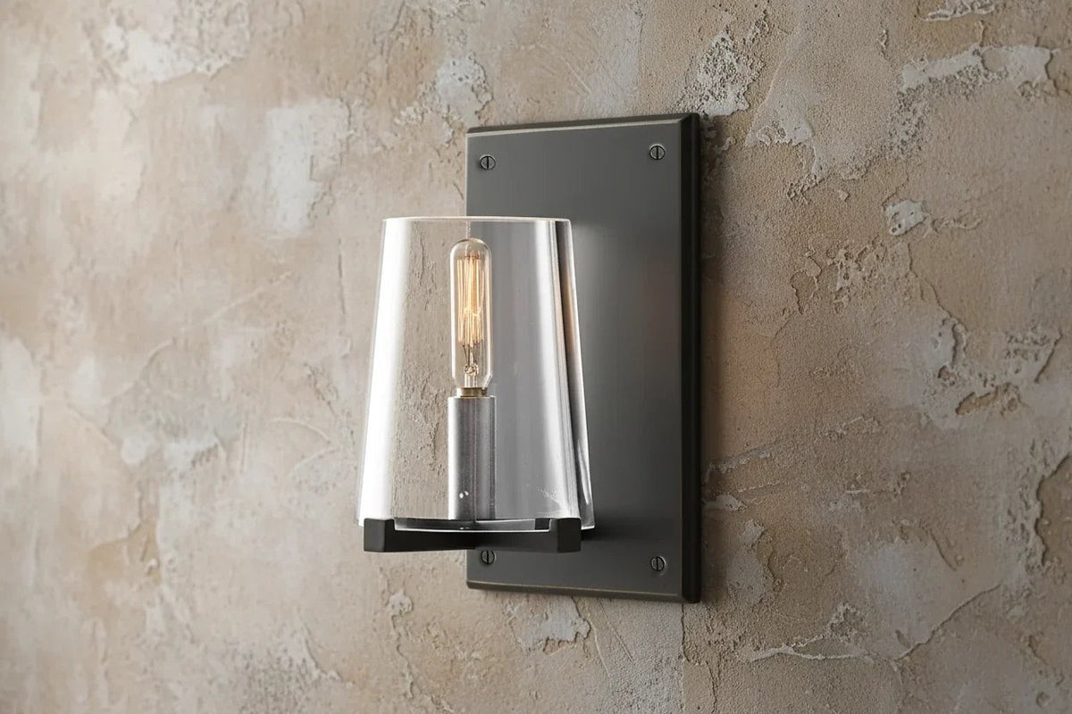 Thick Hand-Formed Glass and Steel Wall Sconce