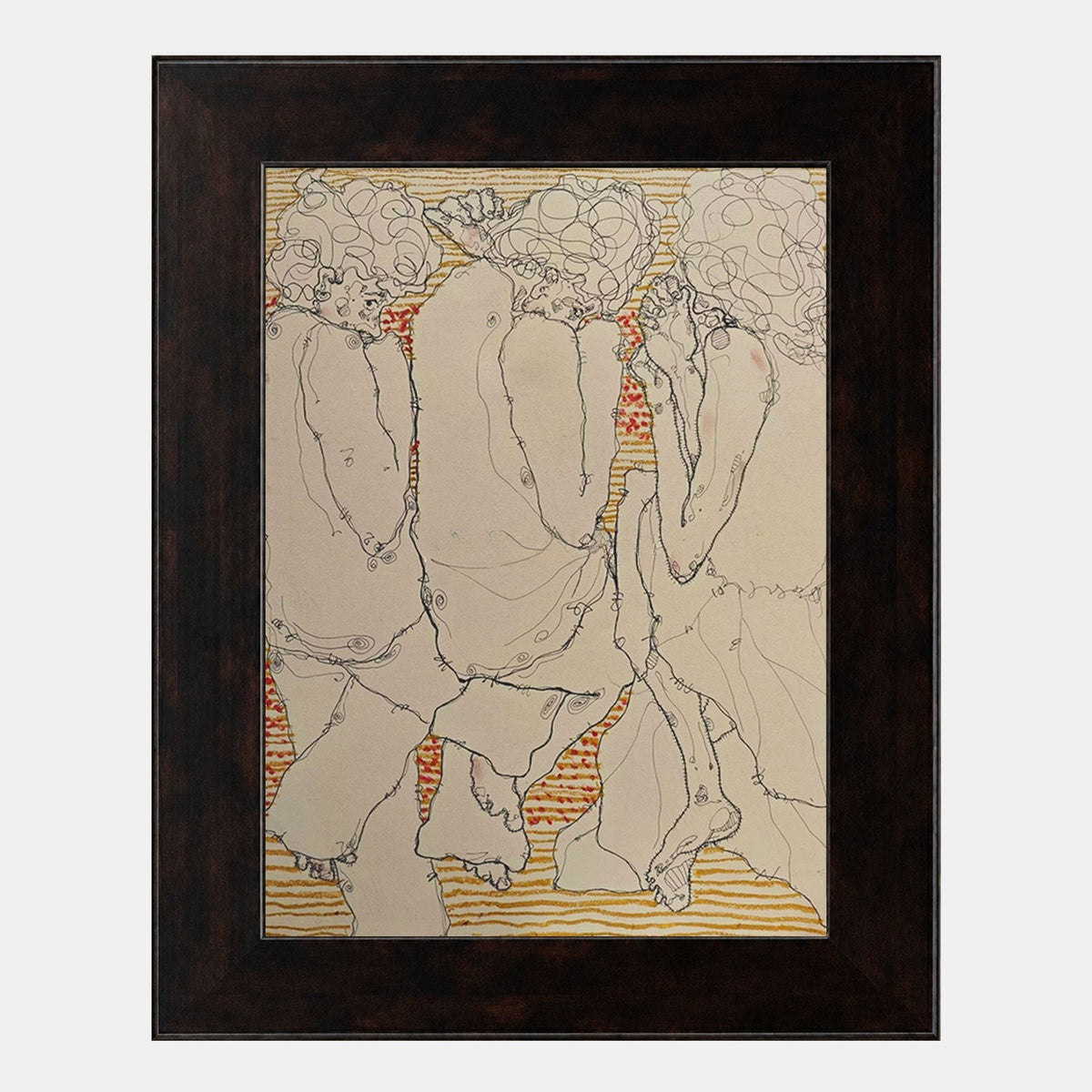 Three Curly-Haired Figures in Line