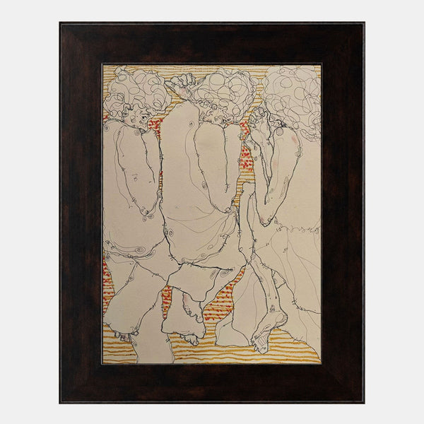 Three Curly-Haired Figures in Line