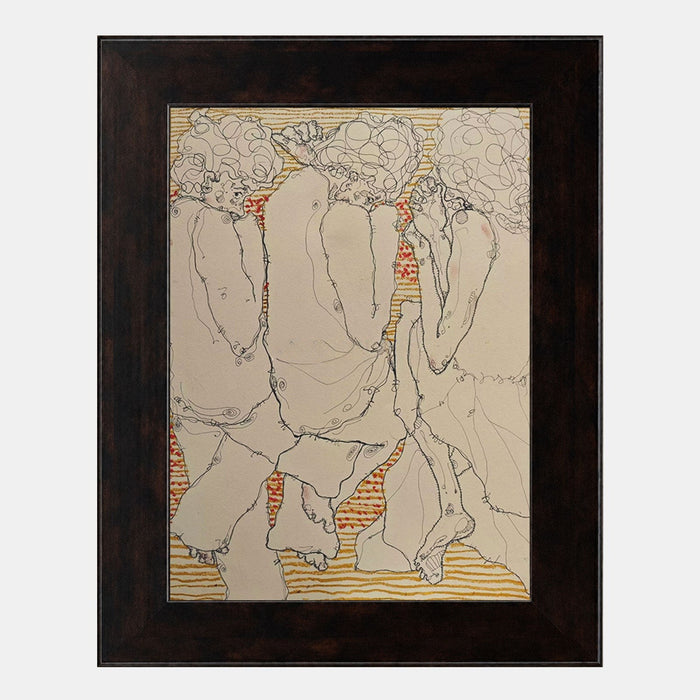 Three Curly-Haired Figures in Line