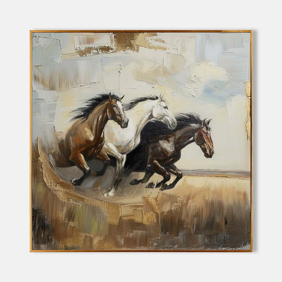 Three Horses Racing Across Golden Plains