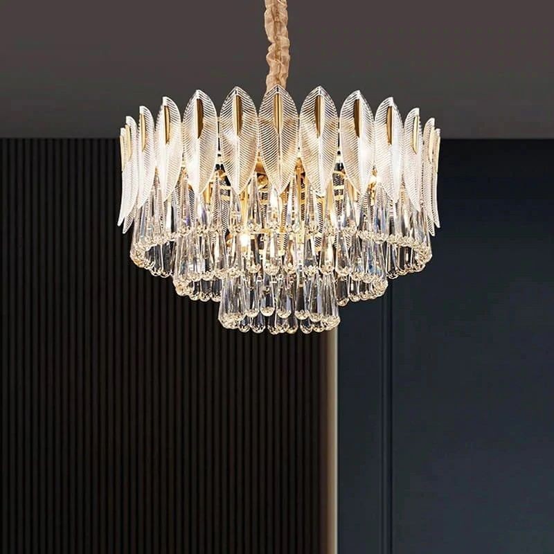 Three-Tiered Crystal and Brass Copper Chandelier