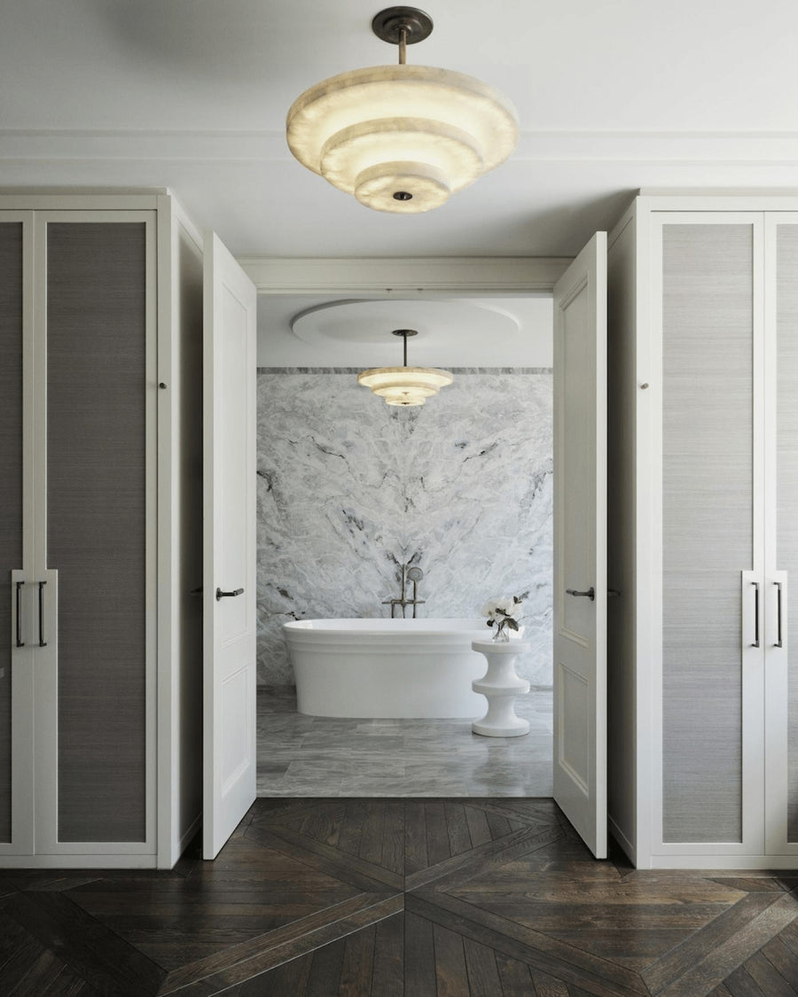 Tiered Alabaster and Bronze Drum Chandelier