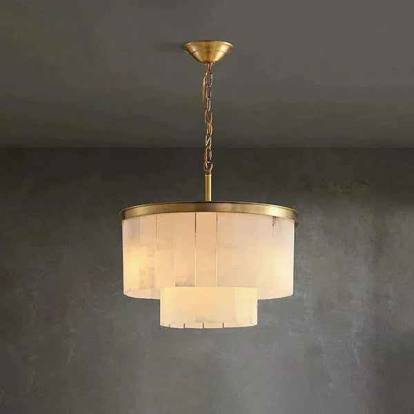 Tiered Alabaster and Copper Frame Chandelier