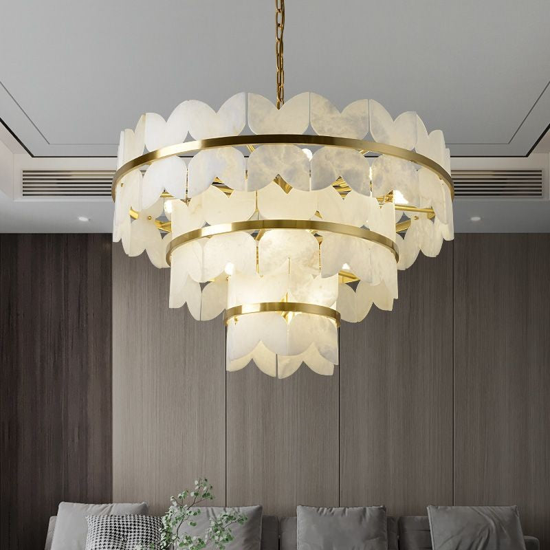 Tiered Alabaster Butterfly Wing Brass Chandelier