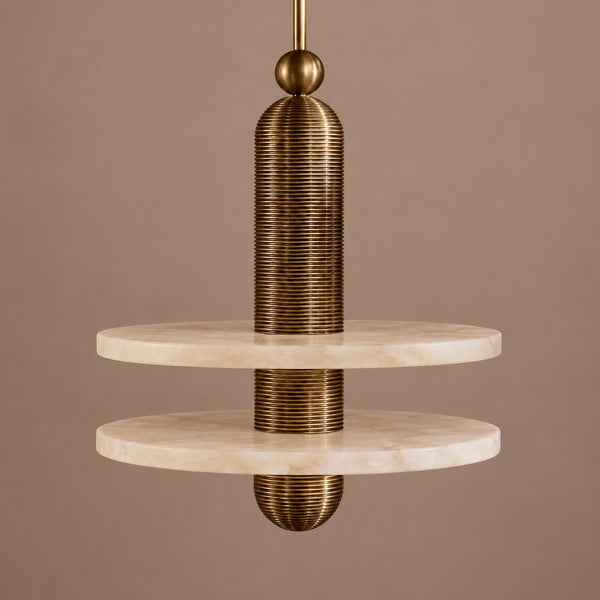 Tiered Alabaster Disc and Ribbed Brass Pendant