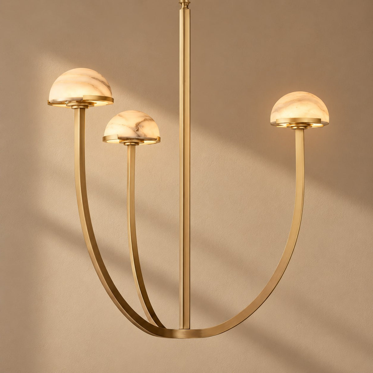 Tiered Alabaster Dome and Curved Brass Chandelier