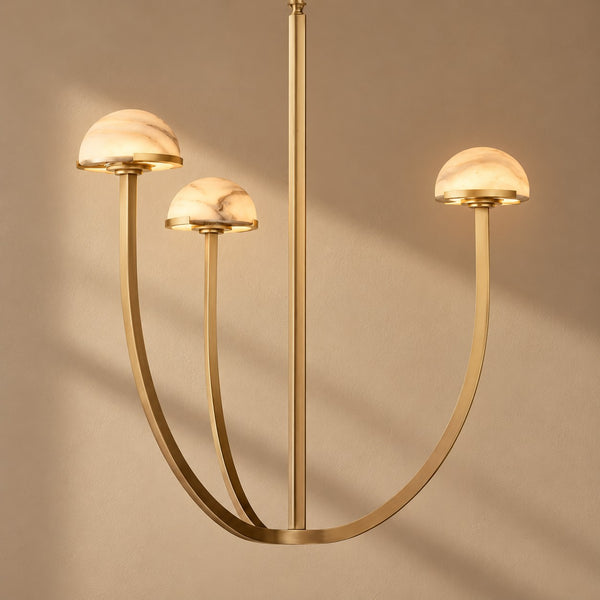 Tiered Alabaster Dome and Curved Brass Chandelier