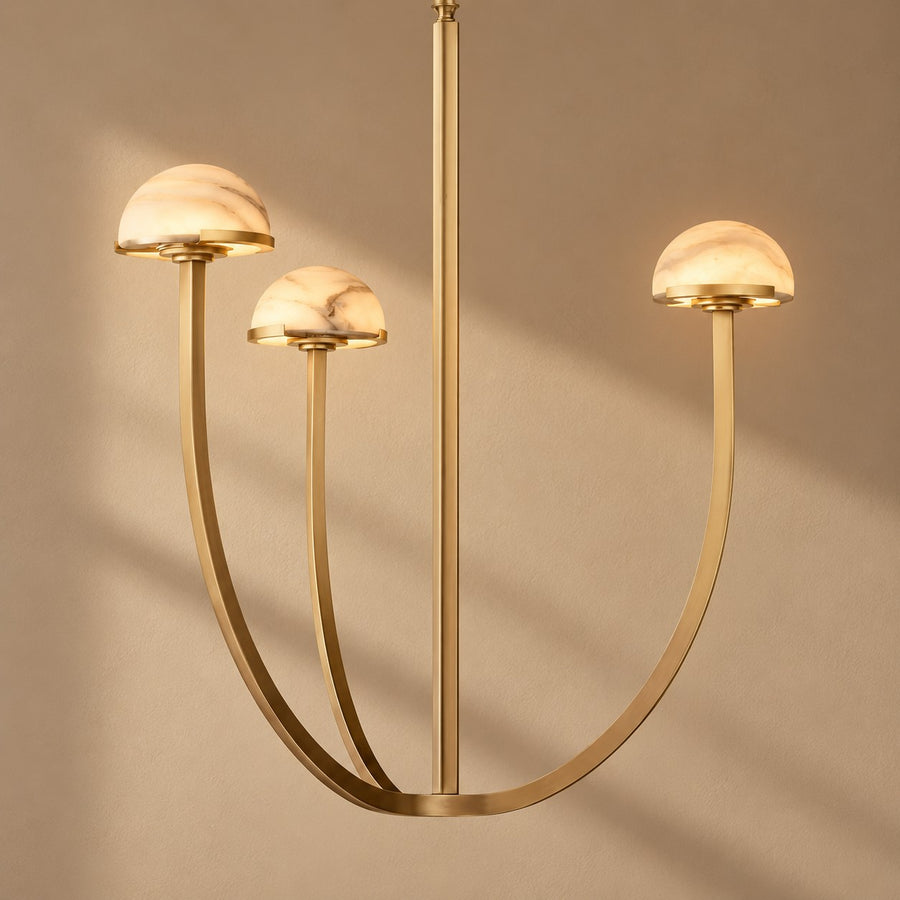 Tiered Alabaster Dome and Curved Brass Chandelier
