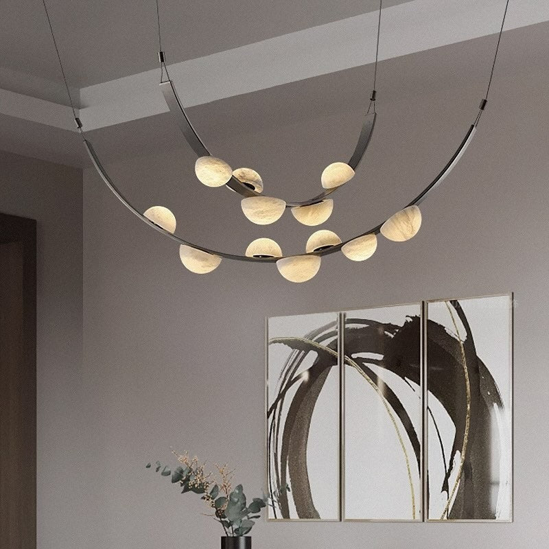Tiered Alabaster Drop and Leather Belt Chandelier