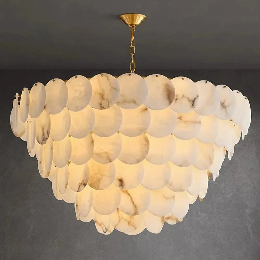 Tiered Alabaster Globe Chandelier with Brass Frame