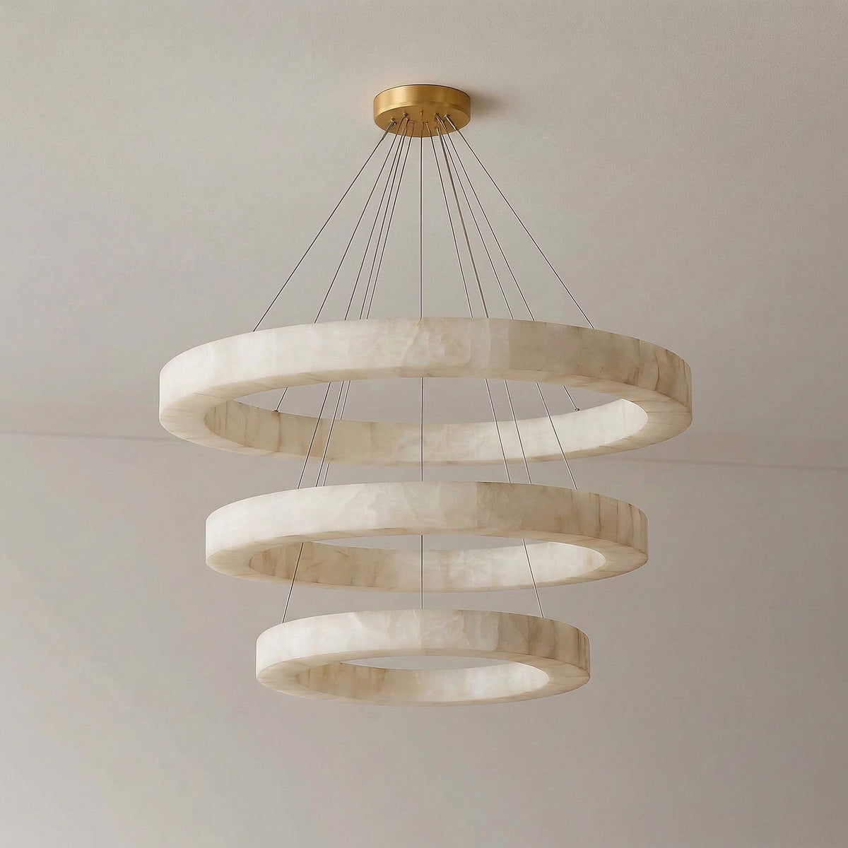 Tiered Alabaster Ring Chandelier on Steel Cables