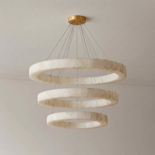 Tiered Alabaster Ring Chandelier on Steel Cables