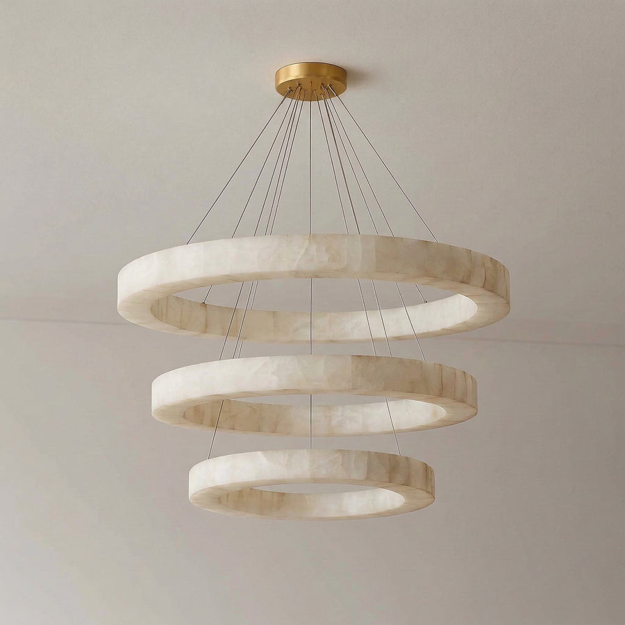 Tiered Alabaster Ring Chandelier on Steel Cables