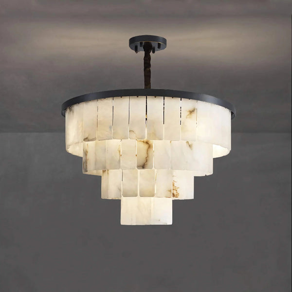 Tiered Alabaster Ring Chandelier with Black Steel