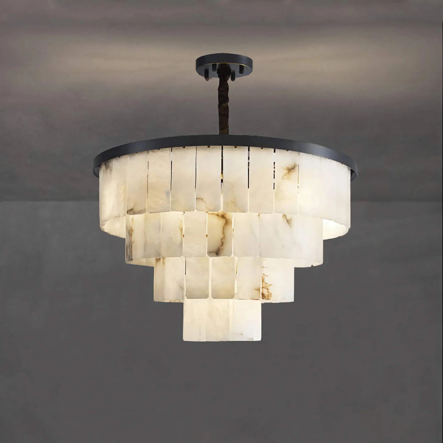 Tiered Alabaster Ring Chandelier with Black Steel