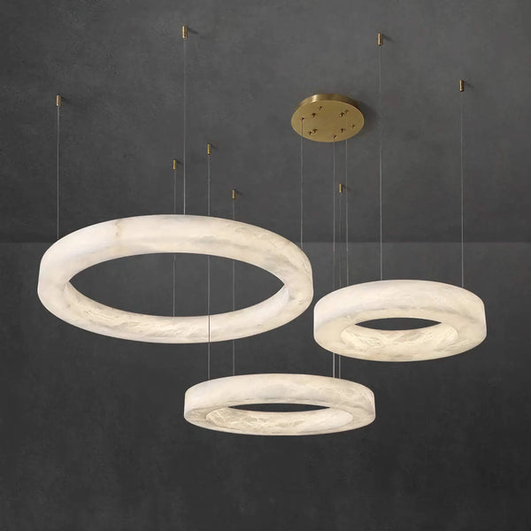 Tiered Alabaster Ring Chandelier with Brass Canopy