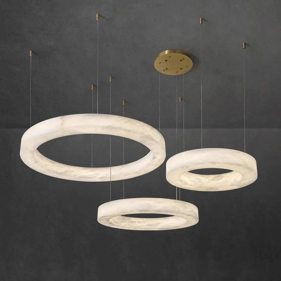 Tiered Alabaster Ring Chandelier with Brass Canopy