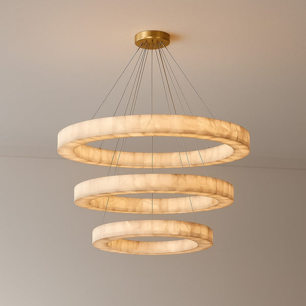 Tiered Alabaster Ring Chandelier with Steel Cables