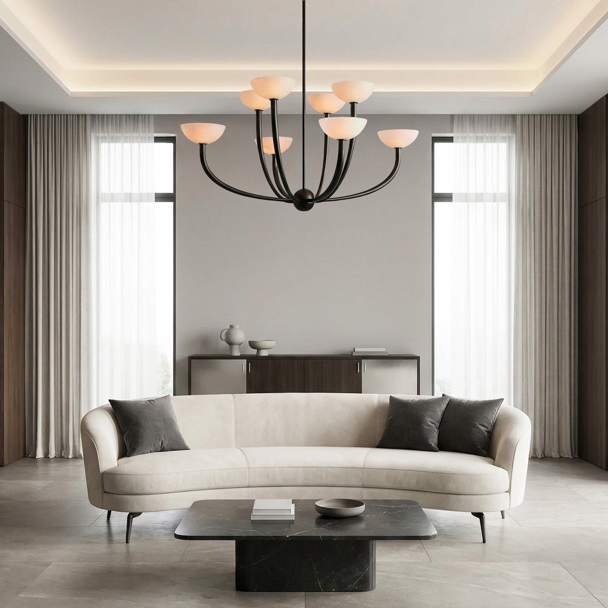 Tiered Alabaster Shade and Antique Brass Chandelier