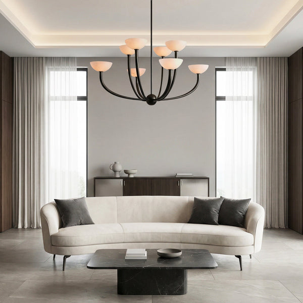 Tiered Alabaster Shade and Antique Brass Chandelier