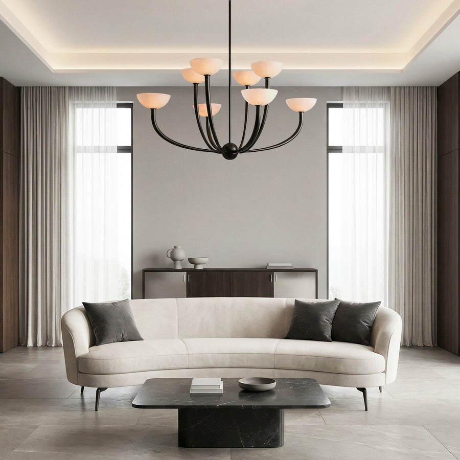 Tiered Alabaster Shade and Antique Brass Chandelier